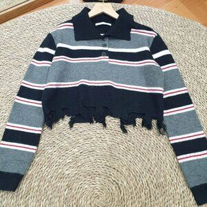 Navy Gray Red Stripe Distressed Hem Polo Knit Sweater 🖤